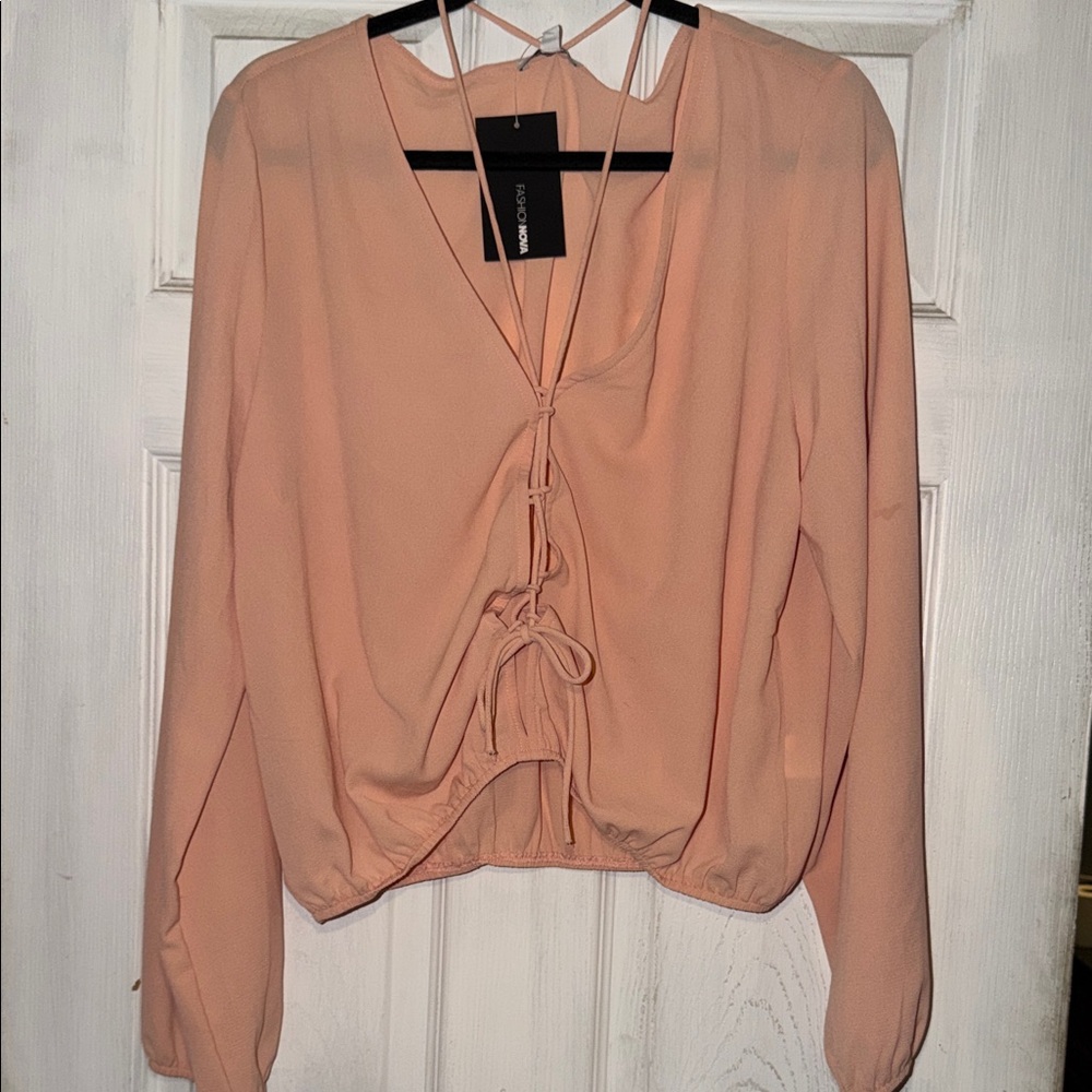 Fashion Nova Light Peachy Pink Lace-Up V-Neck Long Sleeve Top